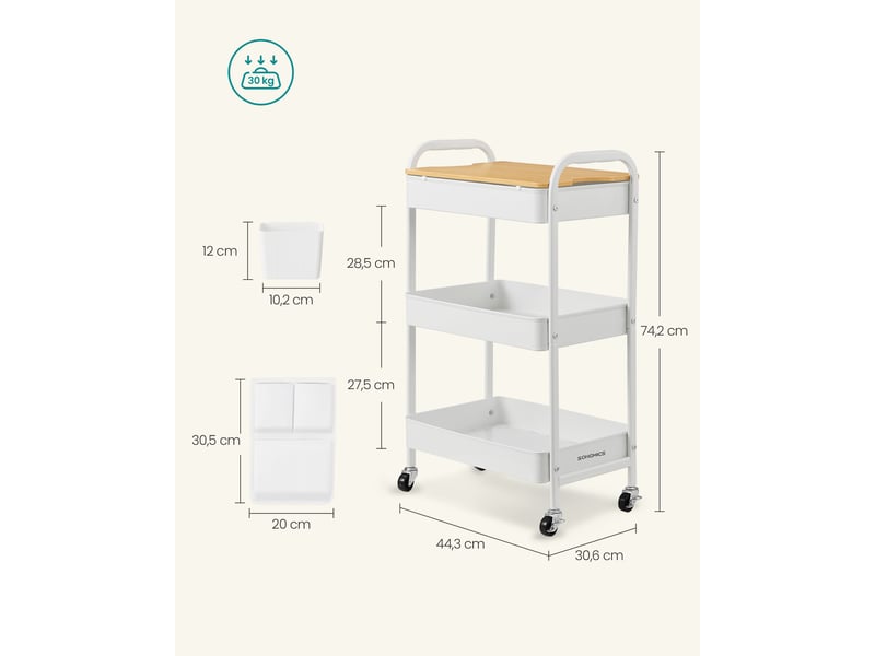  Chariot de rangement multi-usage 30,6 x 44,3 x 74,2 cm 3 niveaux 10 kg par étage design moderne en acier blanc 12_0011490  - Conforama B