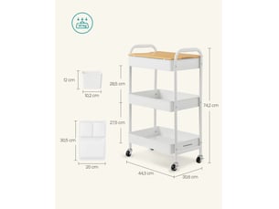 Chariot de rangement multi-usage 30,6 x 44,3 x 74,2 cm 3 niveaux 10 kg par étage design moderne en acier blanc 12_0011490