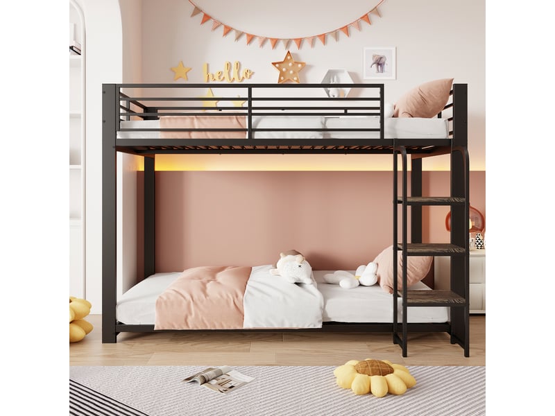  Lit superposé enfant 2 places 90×200 cm, escalier en bois et barrière - okmyhome- métal noir, sans matelas  - Conforama C