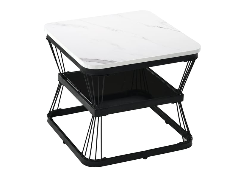  Ensemble de 2 tables d'appoint modernes, en mdf aspect marbre, structure en tube d'acier blanc brillant noir, dimensions des 2 tables : 65 x 65 x 45 cm et 45 x 45 x 39,5 cm.  - Conforama D