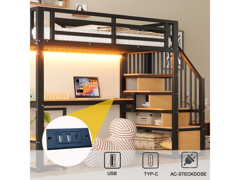  Lit surélevé 90*200 cm en métal, bandeau led, prise intégrée, escalier et bureau, noir  - Conforama D