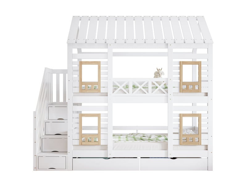  Lit superposé pour enfant, avec barrière de sécurité contrastée, fenêtre, deux tiroirs à roulettes, escalier avec 4 compartiments de rangement, pin et mdf, blanc et naturel, 90 x 200 cm  - Conforama A