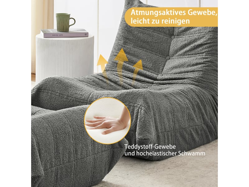  Fauteuil relax anthracite avec pouf – confort ultime en fausse fourrure teddy – canapé de sol moelleux pour lecture &amp; détente  - Conforama C