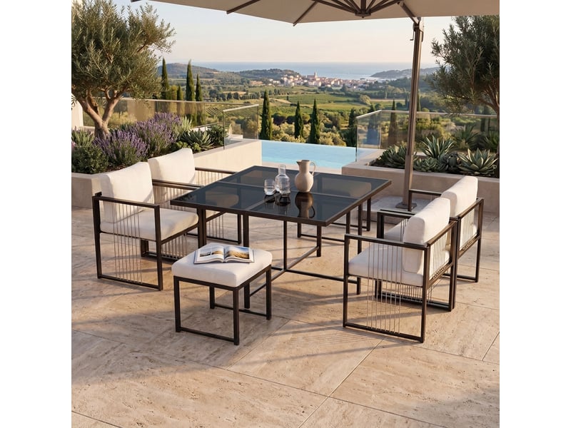  Ensemble de mobilier de jardin pour 6 personnes, 117 x 117 cm, ensemble de 7 pièces avec plateau en verre, 4 fauteuils, 2 tabourets  - Conforama D