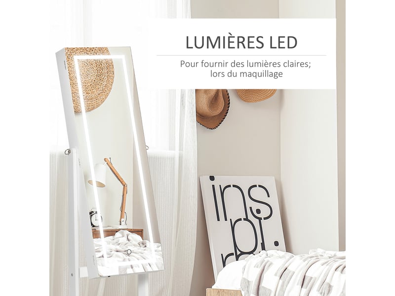 Armoire à bijoux led avec miroir sur pied range bijoux avec éclairage à tactile écran blanc - Conforama E