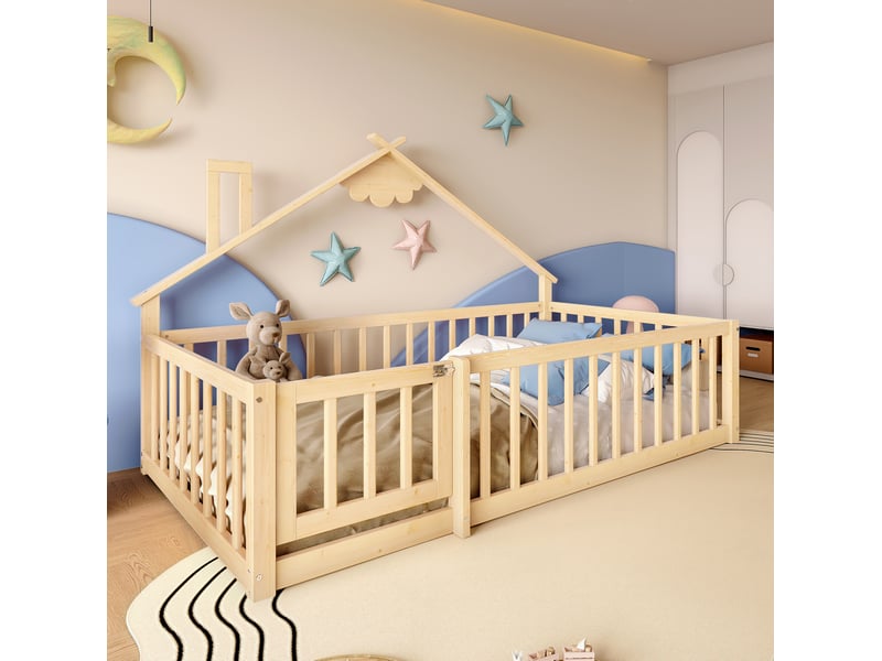  Lit enfant maison 90x190 cm garde-corps 32 cm avec serrure design cabane montage facile pin et mdf naturel sans matelas  - Conforama W