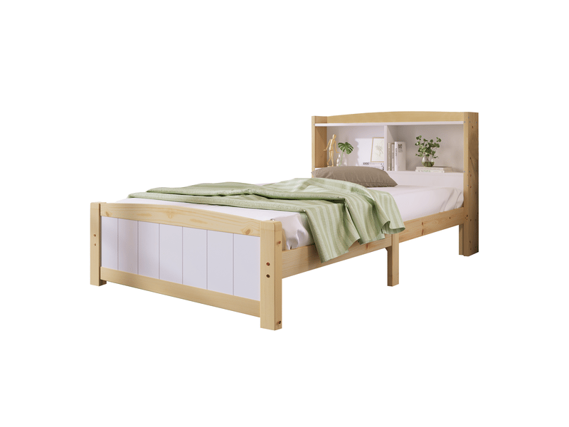  Lit simple en bois massif 90x200 cm avec sommier à lattes, lit simple capitonné avec tête de lit de rangement, naturel et blanc  - Conforama D
