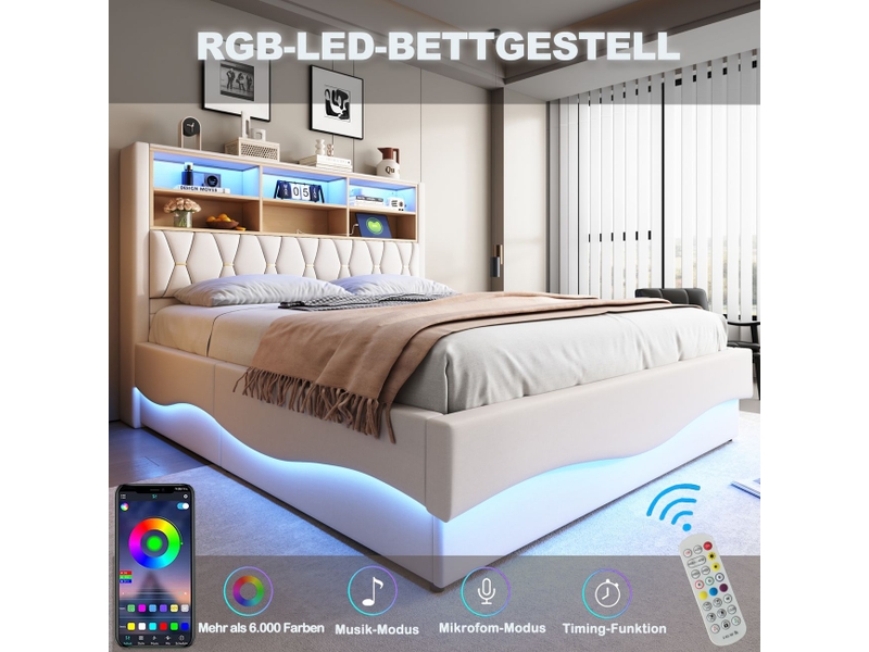  Lit capitonné 180x200, conception multifonction lit double, rangement hydraulique, led multicolore, sommier métal inclus  - Conforama E
