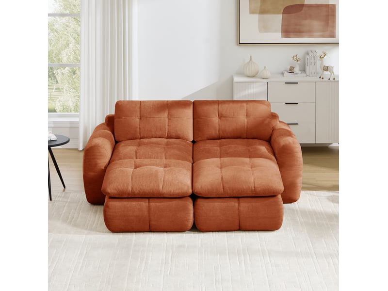 Canapé modulable 2 places modenvie avec 2 poufs, assise large et profonde, revêtement chenille, orange, 194 x 160 x 68 cm - Conforama B