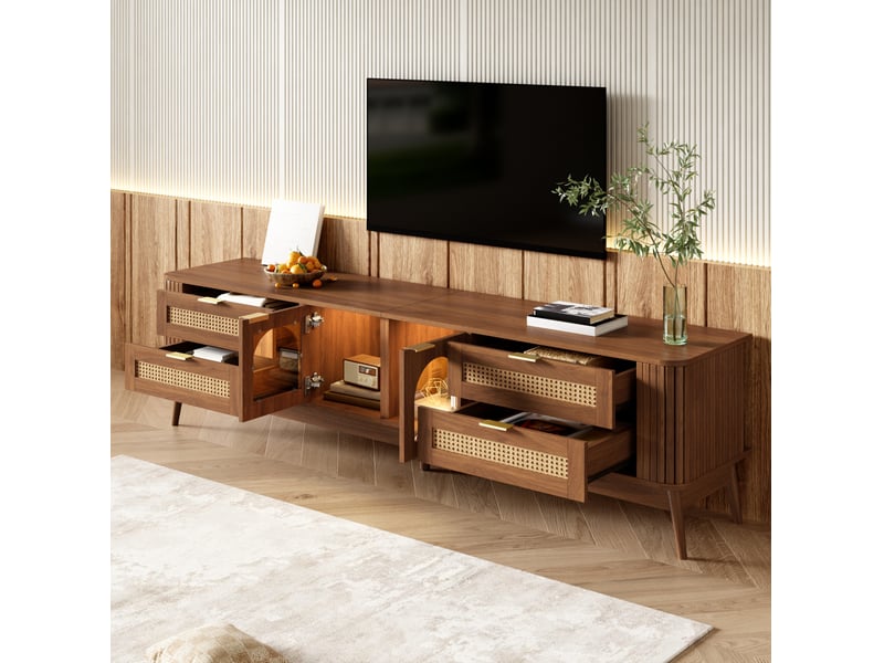  Meuble tv 180 x 40 x 50 cm, 4 tiroirs, verre de sécurité et led par application  - Conforama E