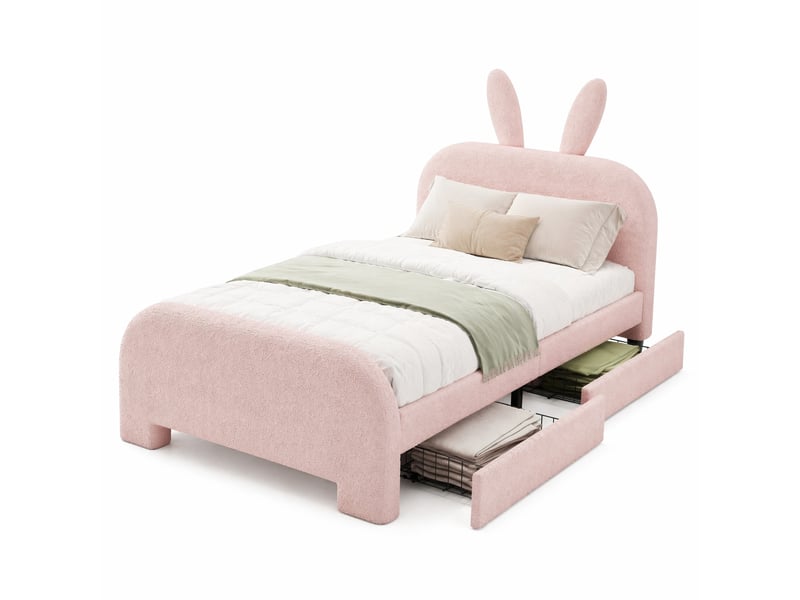 Lit enfant 90x200 cm rose à tête de lit lapin avec 2 tiroirs - Conforama A