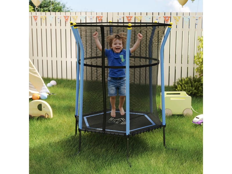  Trampoline pour enfant 1,22 x 1,11 x 1,9 m filet de sécurité porte zippée 6 poteaux rembourrés inclus bleu noir  - Conforama B