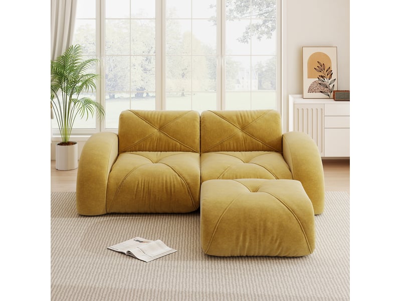  Canapé modulable 2 places 204x171x76 cm, design antiglisse, mousse haute densité 32d, avec pouf, revêtement en chenille, jaune  - Conforama E