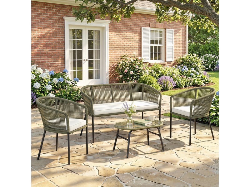  Salon de jardin extérieur 4 pl. Canapé 2 pl. 2 fauteuils et table basse verre trempé pp tressé crème  - Conforama C