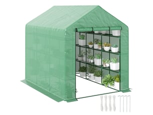 Serre tunnel de culture à 8 étagères, idéale pour la culture de tomates. Structure en acier et plastique pe, verte, 244 x 180 x 210 cm.