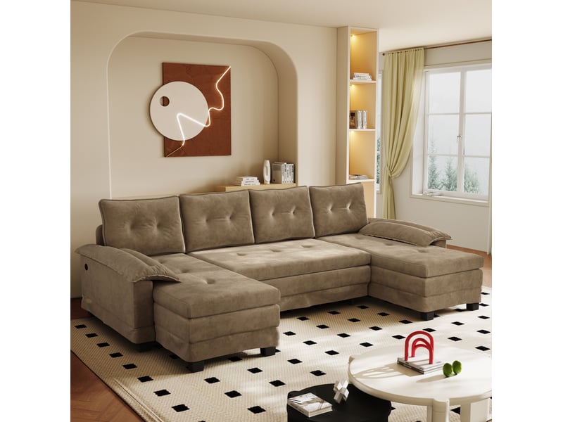  Canapé-lit modulable en u 278x127x87 cm 4 places avec usb en bois couleur camel, design moderne, design moderne  - Conforama D