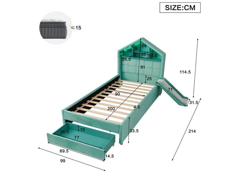  Lit enfant 90x200 cm bleu vert en velours, toboggan réversible, led et grand rangement sous le lit  - Conforama C