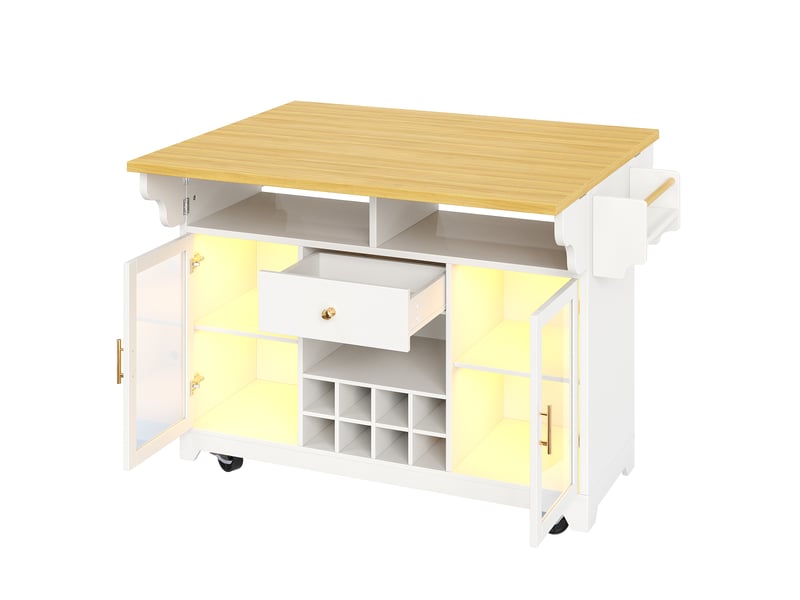 Desserte roulante blanche avec éclairage led rgb, plateau extensible et porte-bouteilles mobile - Conforama D