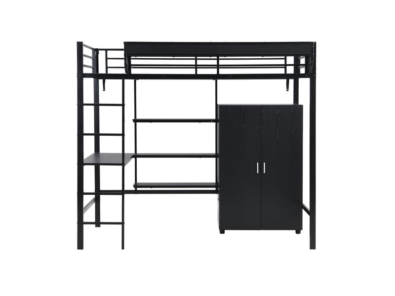  Lit superposé noir avec rangement, bureau et armoire 2 portes  - Conforama W