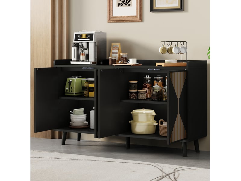  Buffet 140x40x84 cm avec 4 portes en mdf noir, étagères réglables et grand espace de rangement pour salle à manger et salon  - Conforama B