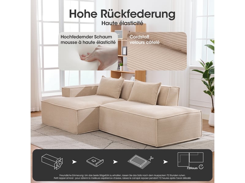 Canapé textile kaki 235 × 129 × 70 cm en polyester, 2 coussins, assise mousse et ressorts ensachés, format compact - Conforama E