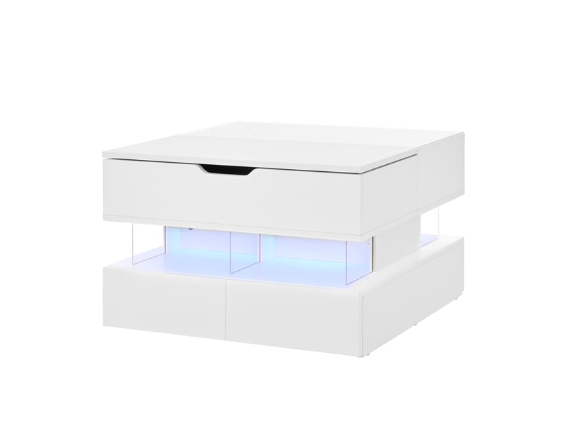  Table basse réglable en hauteur pour le salon, avec éclairage 16 couleurs, plateau en verre et supports en acrylique.  - Conforama D
