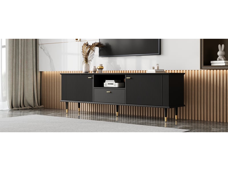  Meuble tv avec 2 portes, 1 tiroir, 1 niche ouverte et passe-câbles, fermeture douce, pour salon, 170×36×54 cm  - Conforama E