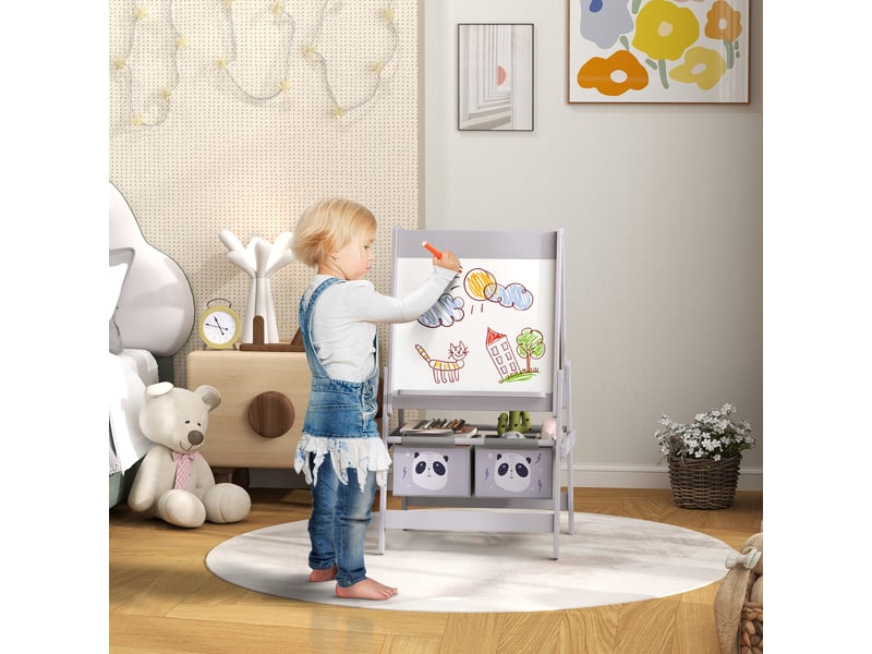  Tableau chevalet enfant ardoise double face tableau à craie rouleau papier 2 paniers 54 x 46,5 x 93 cm gris  - Conforama B
