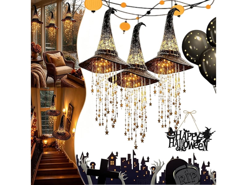  3 pièces décoration halloween suspendue, chapeau de sorcière lumineux led en maille noire avec étoiles pour porche et jardin  - Conforama A