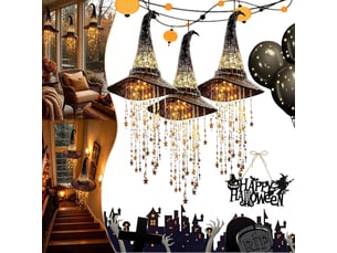 3 pièces décoration halloween suspendue, chapeau de sorcière lumineux led en maille noire avec étoiles pour porche et jardin