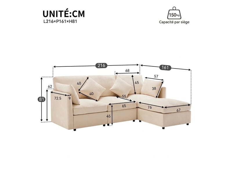  Canapé d'angle modulable 3 places avec pouf tissu chenille beige - 216x161cm  - Conforama C