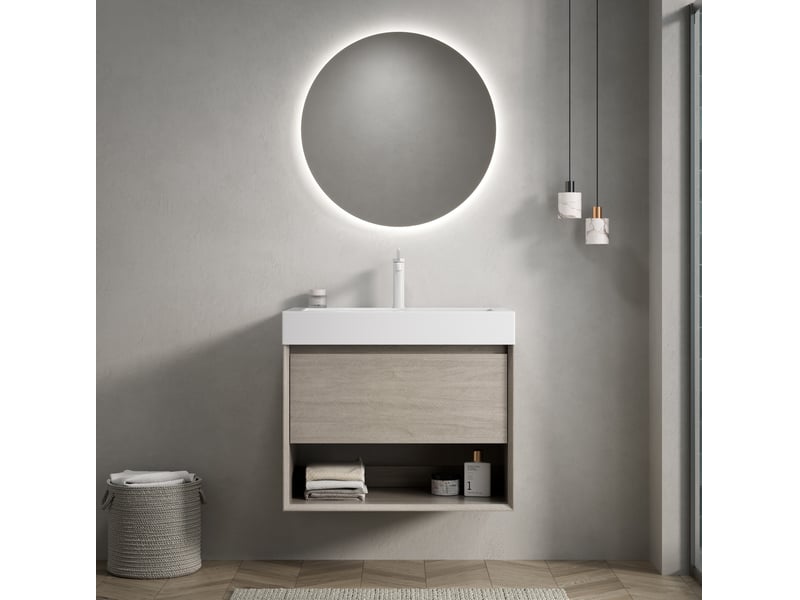 Meuble rangement salle bain vasque suspendu 70 cm tiroir niche chene clair blanc homvra - Conforama B