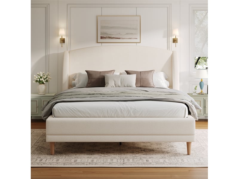  Lit 140x190 cm en tissu bouclé blanc ivoire, tête de lit à oreilles et sommier à lattes  - Conforama D