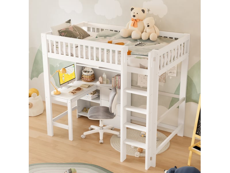  Lit mezzanine 90x200 cm, blanc, équipé de bureau et 3 tiroirs, bois et mdf, sans matelas  - Conforama E