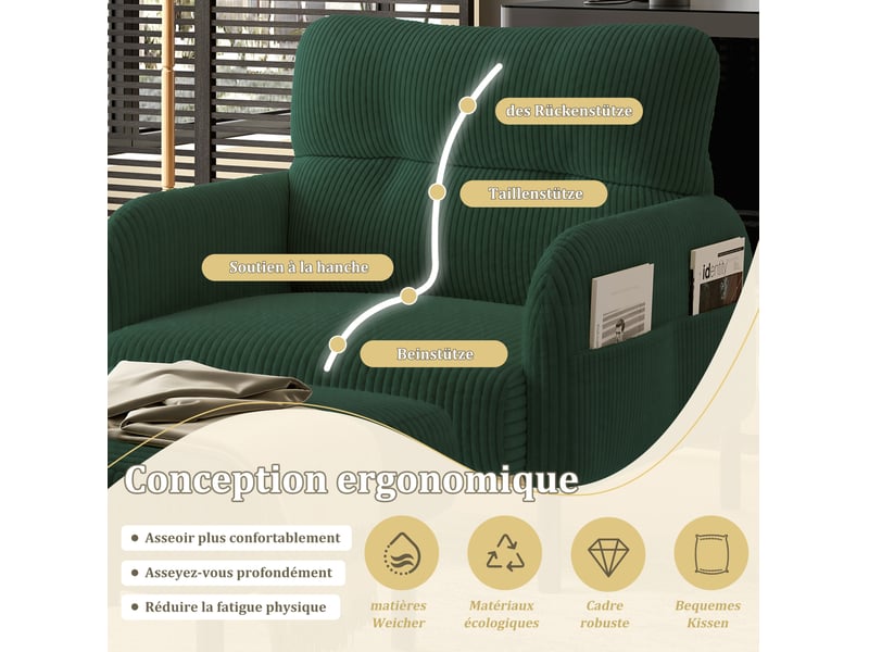  Fauteuil avec dossier ergonomique et poches latérales, en velours côtelé vert émeraude, 67 × 75 × 79 cm  - Conforama E