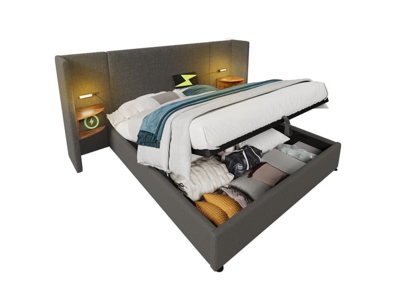  Lit coffre 160 × 200 cm 2 places avec étagères, lampe tactile, usb et type-c, matelas inclus, en tissu gris  - Conforama A