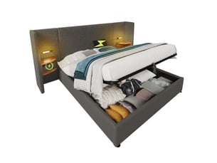 Lit coffre 160 × 200 cm 2 places avec étagères, lampe tactile, usb et type-c, matelas inclus, en tissu gris