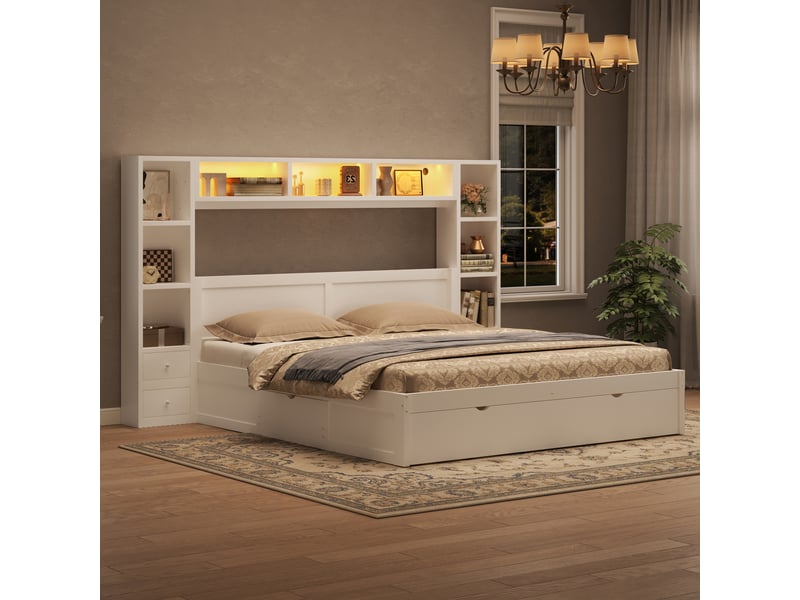  Lit plateforme 140 x 200 cm avec tête et pied de lit, 7 tiroirs, multiples rangements et éclairage led, blanc evarich - Conforama B