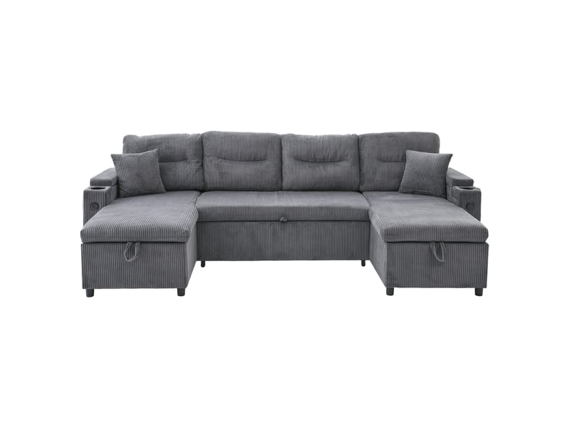 Canapé panoramique convertible modenvie 4 places en velours côtelé gris charbon avec deux méridiennes, rangements, porte-gobelets et usb type-c 272 x 136 x 86 cm - Conforama A