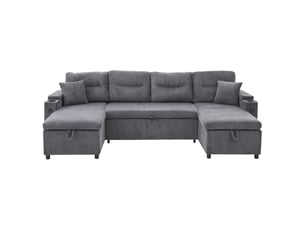 Canapé d'angle panoramique convertible <strong>MODENVIE</strong> <strong></strong> 4 places Velours côtelé gris avec coffre de rangement