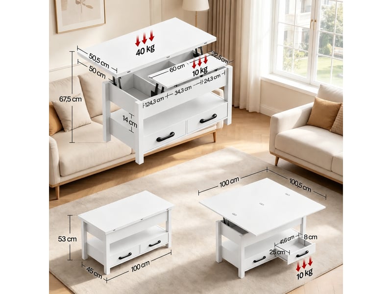  Table basse relevable blanche et extensible avec tiroirs, 100x50,5 cm  - Conforama C
