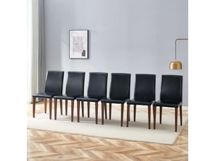 Lot de 6 chaises de salle à manger design, simili cuir noir et pieds métal effet noyer, style luxe léger européen pour salle à manger moderne