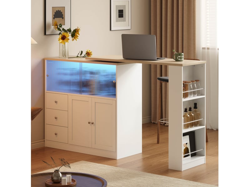  Desserte de cuisine extensible avec 3 tiroirs, porte coulissante en verre et led, mdf blanc, 172 × 40 × 96 cm  - Conforama C