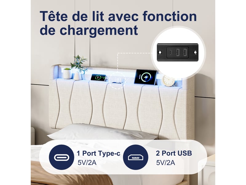  Lit enfant 90x200 cm, lit 1 place avec tête de lit, led, rangement et sommier, port usb et usb-c, lin, beige, sans matelas  - Conforama W