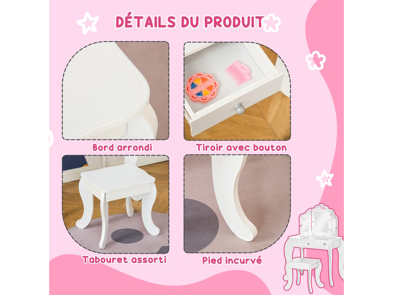  Coiffeuse enfant avec tabouret, miroir triptyque et dim. 63l x 40l x 85,5h cm tiroir coulissant - coiffeuse  - Conforama E