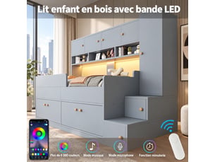 Lit combiné enfant 90x200 cm gris, armoire avec penderie, placards, tiroirs, étagères, escalier de rangement et led