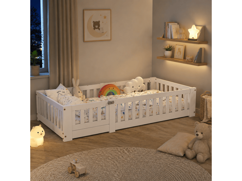 Lit enfant 90x190 cm, lit au sol avec barrière de sécurité et sommier à lattes, lits montessori pour garçons et filles, charge jusqu’à 100 kg, blanc  - Conforama E