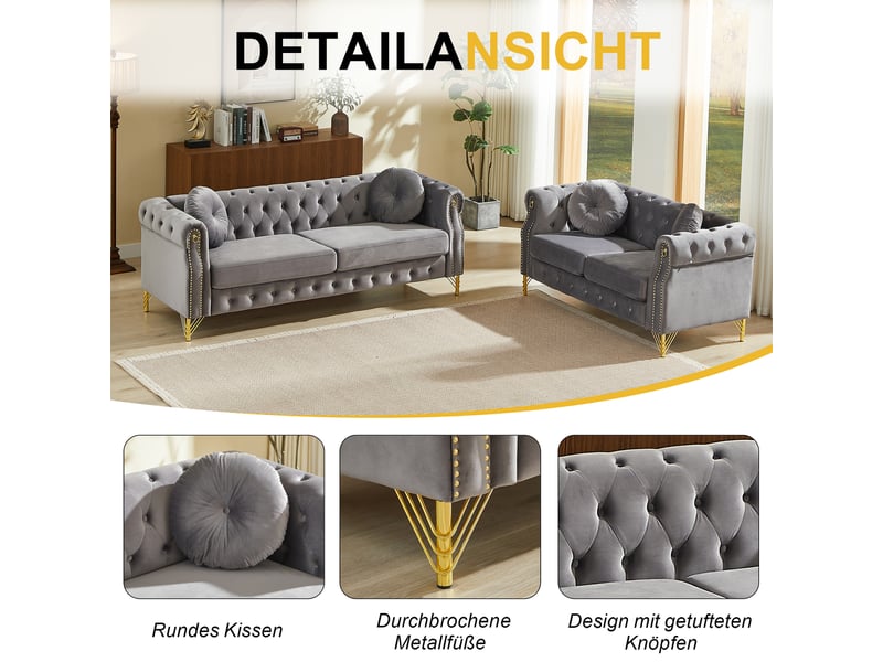 Canapé chesterfield gris en velours, 208,3 x 229,8 x 73,6 cm, pieds en métal, boutons capitonnés, clous dorés  - Conforama D