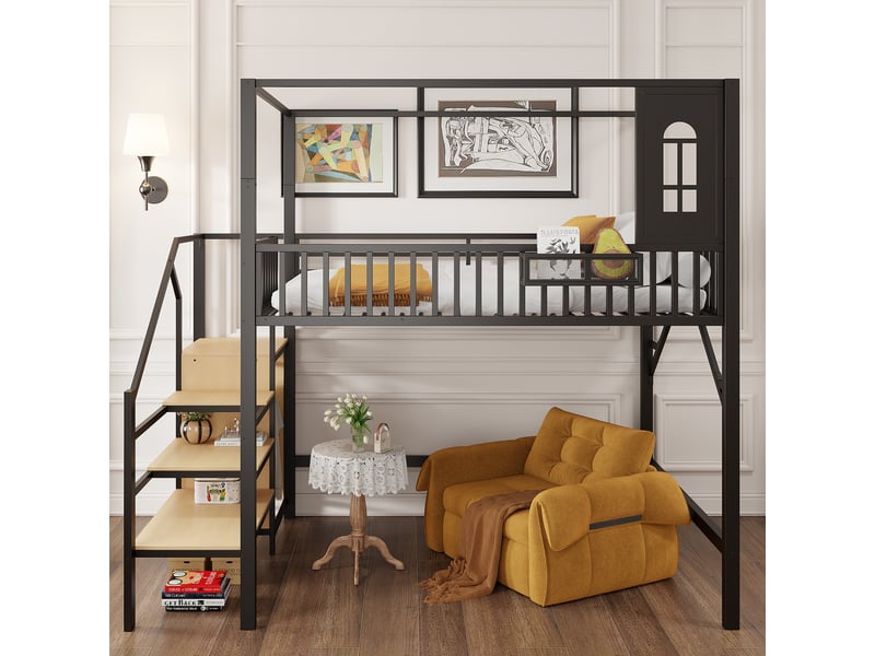 Lit mezzanine en métal 140x200 cm, structure avec toit, échelle de rangement, penderie, noir  - Conforama D