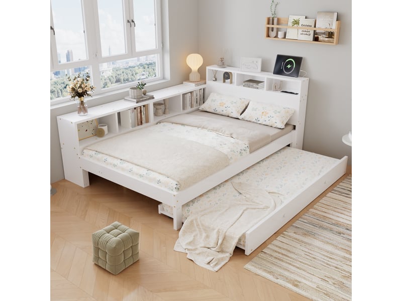 Lit en bois blanc 120×200 cm et gigogne 90×190 cm, étagères latérales, recharge, montage réversible, rangement - Conforama B